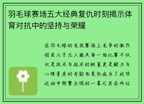 羽毛球赛场五大经典复仇时刻揭示体育对抗中的坚持与荣耀